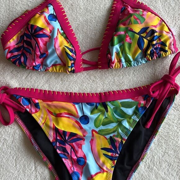 NWT KAMONI TROPICAL PRINT HALTER NECK SIDE TIE LOW RISE MICRO BIKINI LARGE - Picture 5 of 12